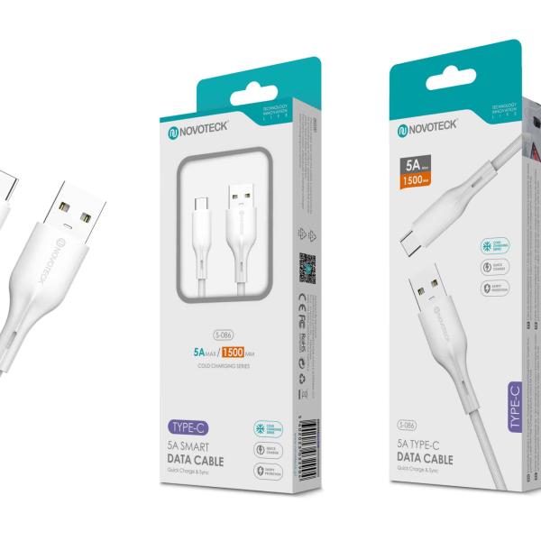 Cabo de Dados Fast Charge 5A PVC Macaron Design - Branco, Type - C USB, 1.5M