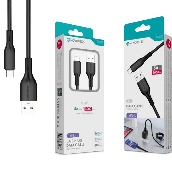 Cabo de Dados Fast Charge 5A PVC Macaron Design - Negro, Type - C USB, 3.0M