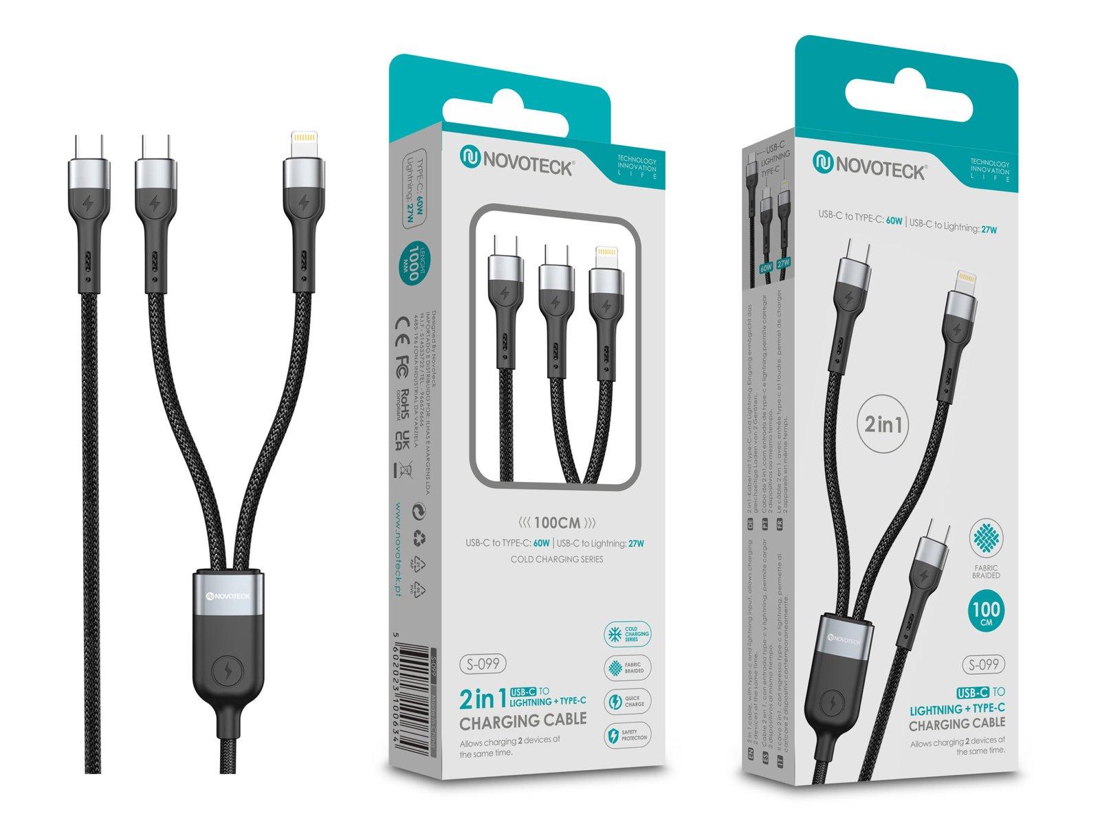 Cabo de Carregamento 2 em 1 NOVOTECK S-099 USB-C to Typ-C 60W e Lightning 27W, Durável, 100cm