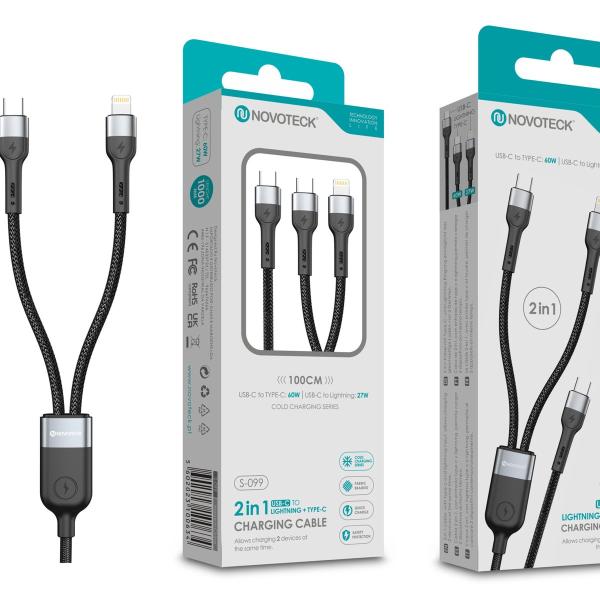 Cabo de Carregamento 2 em 1 NOVOTECK S-099 USB-C to Typ-C 60W e Lightning 27W, Durável, 100cm
