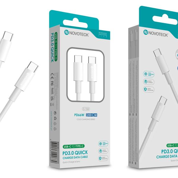 Cabo USB-C para USB-C NOVOTECK S-104 - Carregamento Rápido PD 3.0, 66W, Sincronização de Dados, 200cm