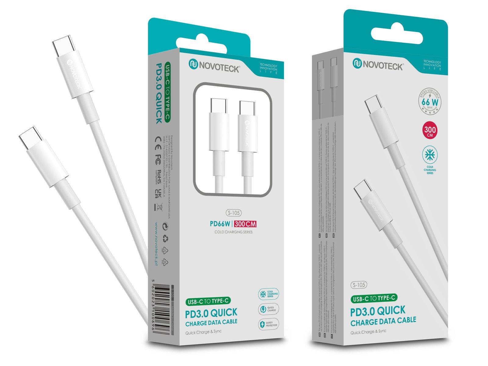 Cabo USB-C para USB-C NOVOTECK S-105 - Carregamento Rápido PD 3.0, 66W, Sincronização de Dados, 300cm