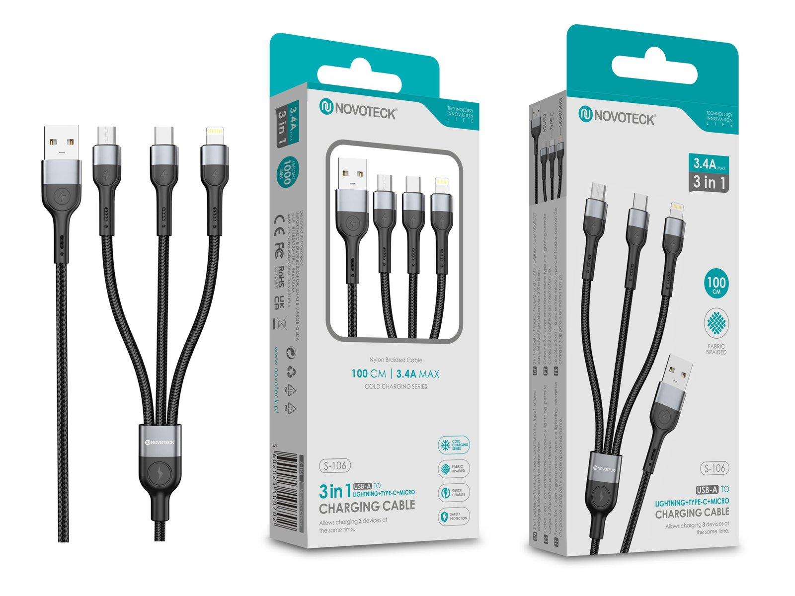 Cabo de Carregamento 3 em 1 NOVOTECK S-106 - USB para Lightning/Type-C/Micro-USB, 3.4A, 100cm