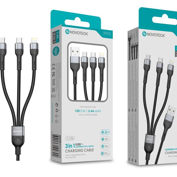 Cabo de Carregamento 3 em 1 NOVOTECK S-106 – USB para Lightning/Type-C/Micro-USB, 3.4A, 100cm