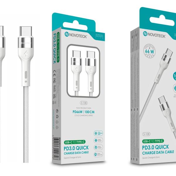 Cabo de Dados Trançado Nylon 3.1A Carregamento Rápido - Branco , USB-C to Type-C , 1.0M