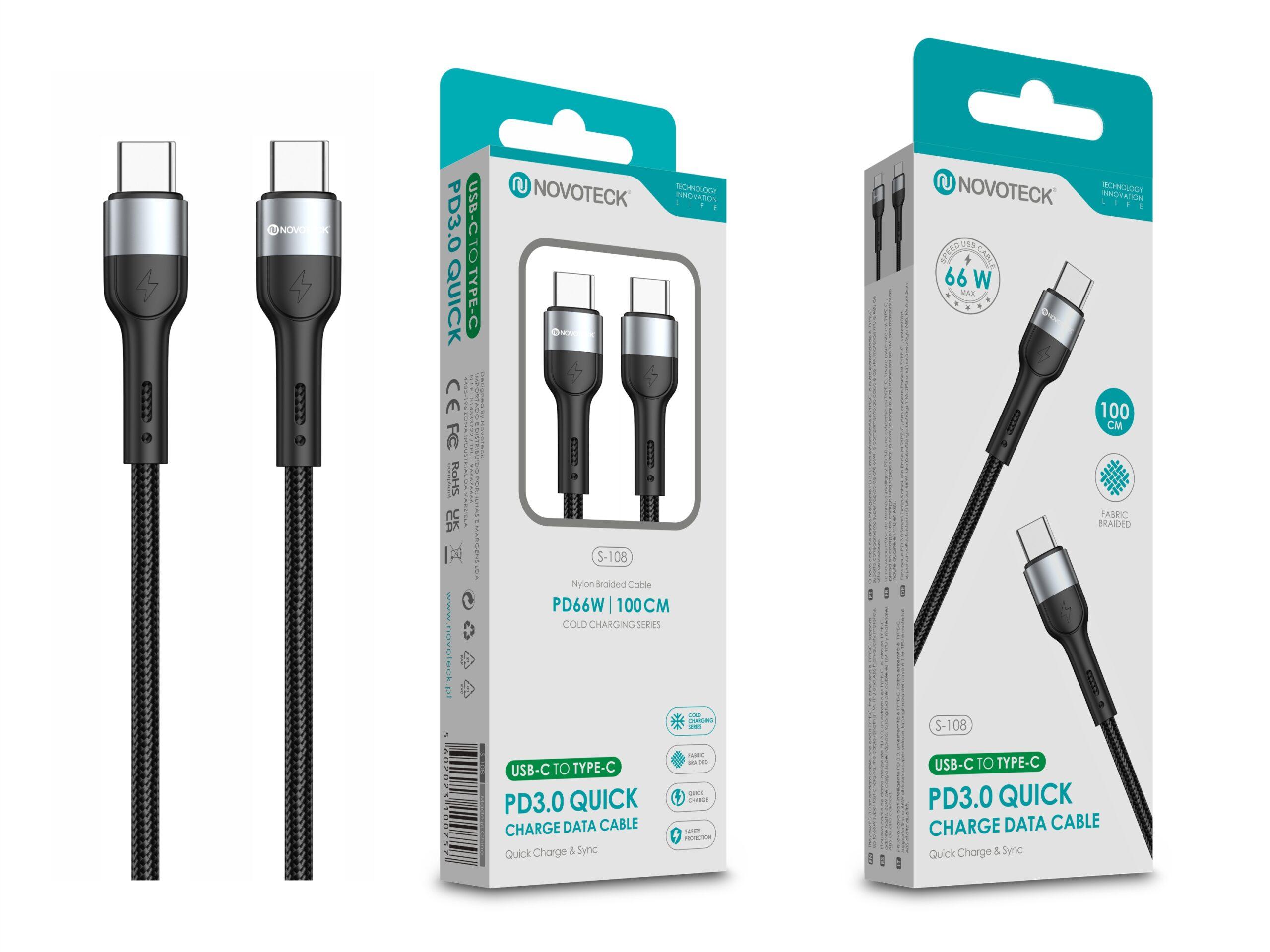 Cabo de Dados Trançado Nylon 3.1A Carregamento Rápido - Negro, USB - C to Type - C, 1.0M