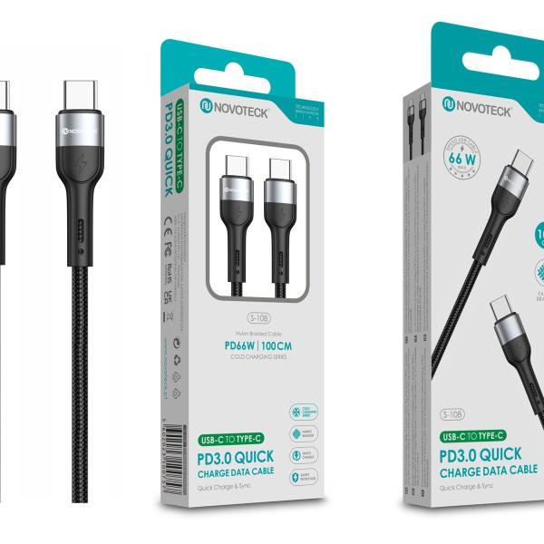 Cabo USB-C para USB-C NOVOTECK S-108 - PD 3.0 Quick Charge,66W,100cm,Negro,Trançado em Nylon