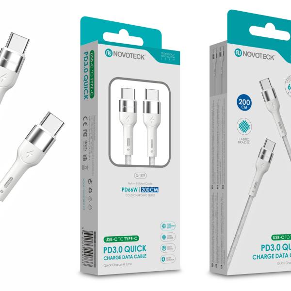 Cabo USB - C para USB - C NOVOTECK S - 109 - PD 3.0 Quick Charge,66W,200cm,Branco,Trançado em Nylon