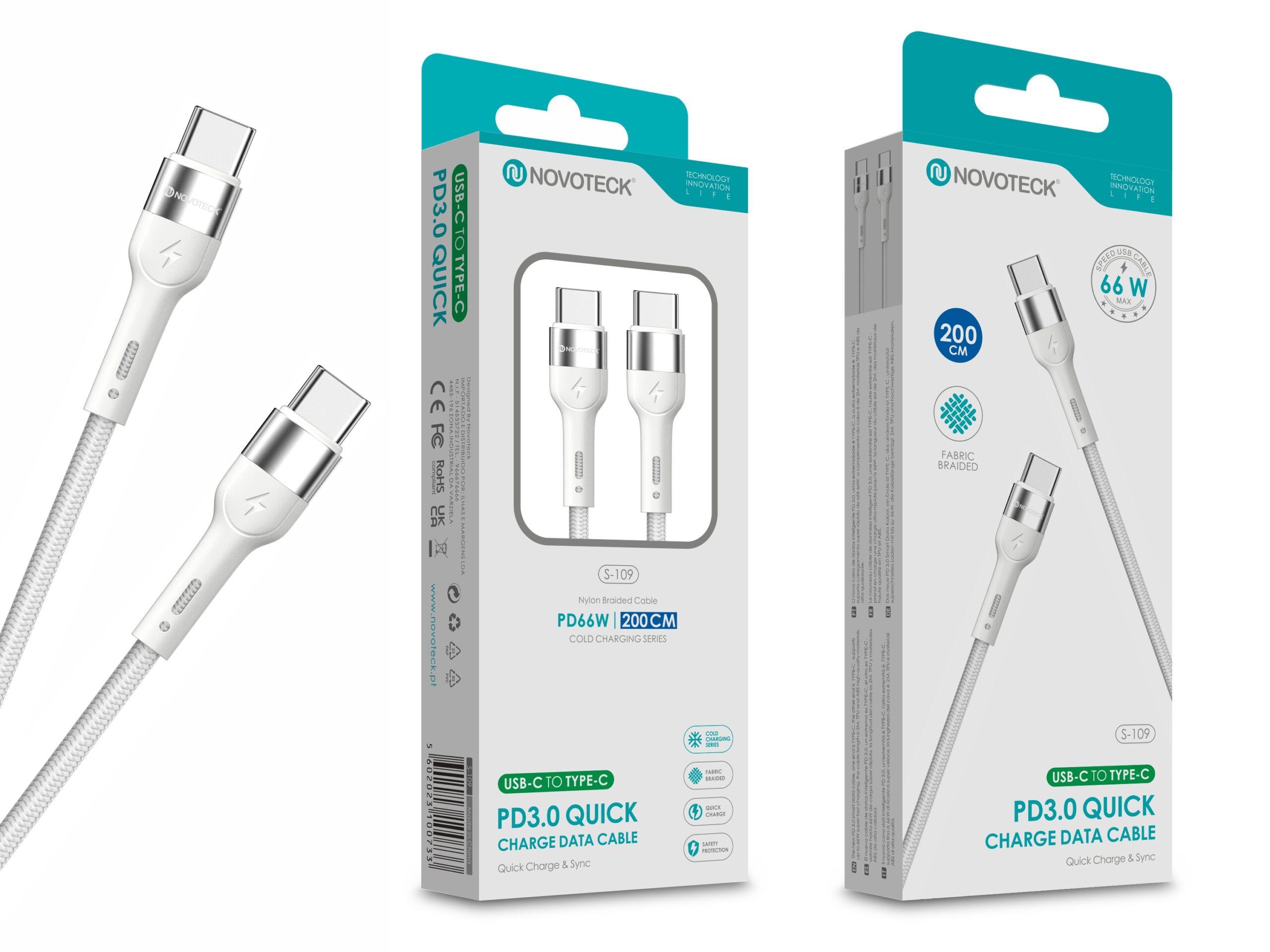 Cabo de Dados Trançado Nylon 3.1A Carregamento Rápido - Branco, USB - C to Type - C, 2.0M