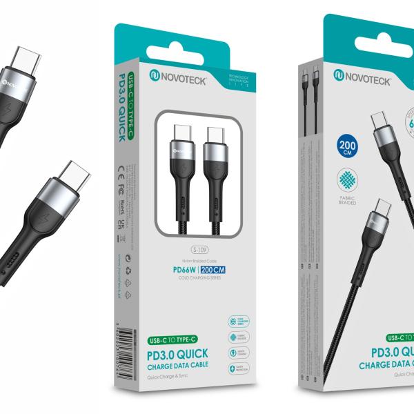 Cabo USB - C para USB - C NOVOTECK S - 109 - PD 3.0 Quick Charge,66W,200cm,Negro,Trançado em Nylon