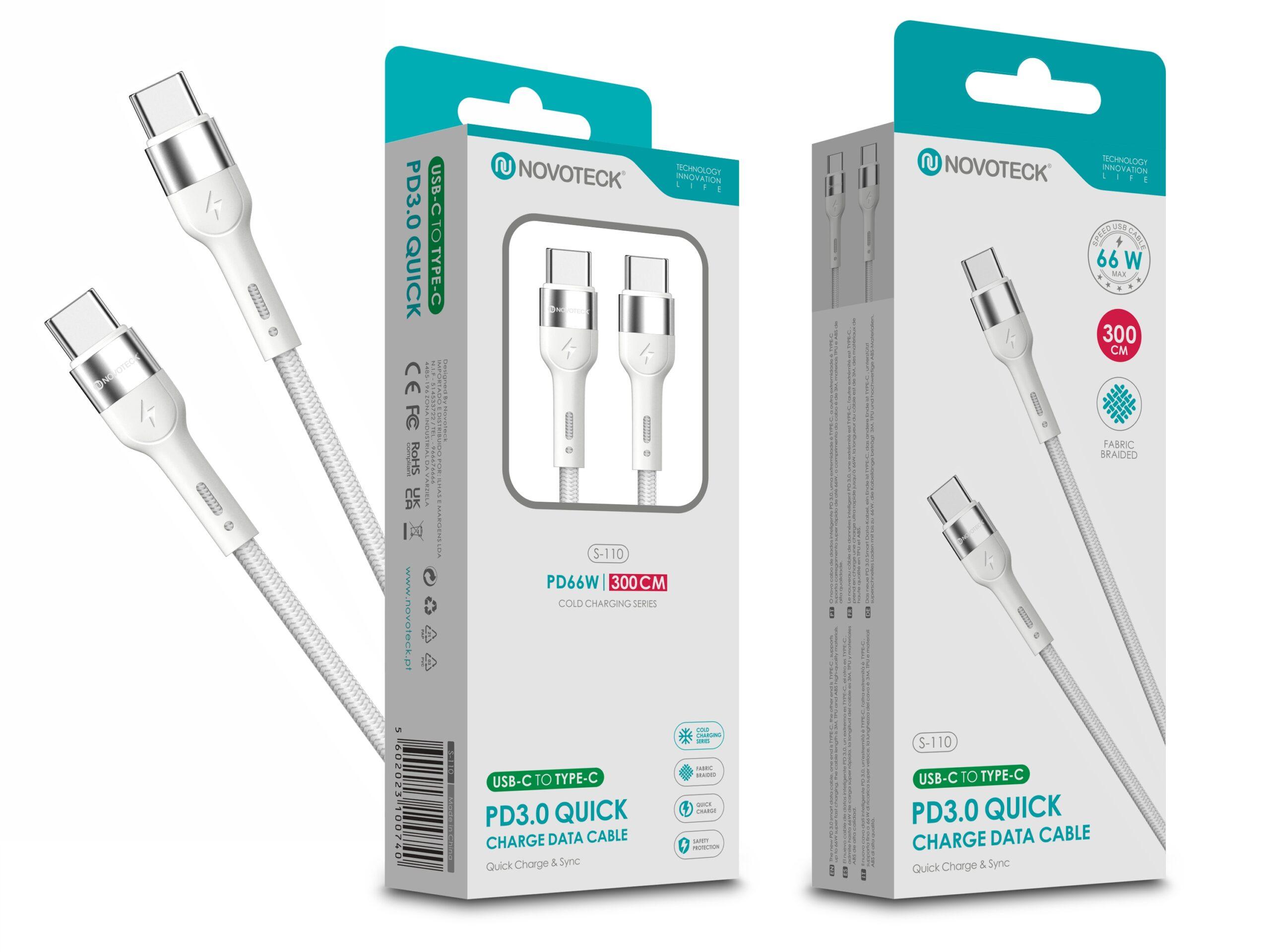 Cabo de Dados Trançado Nylon 3.1A Carregamento Rápido - Branco, USB - C to Type - C, 3.0M