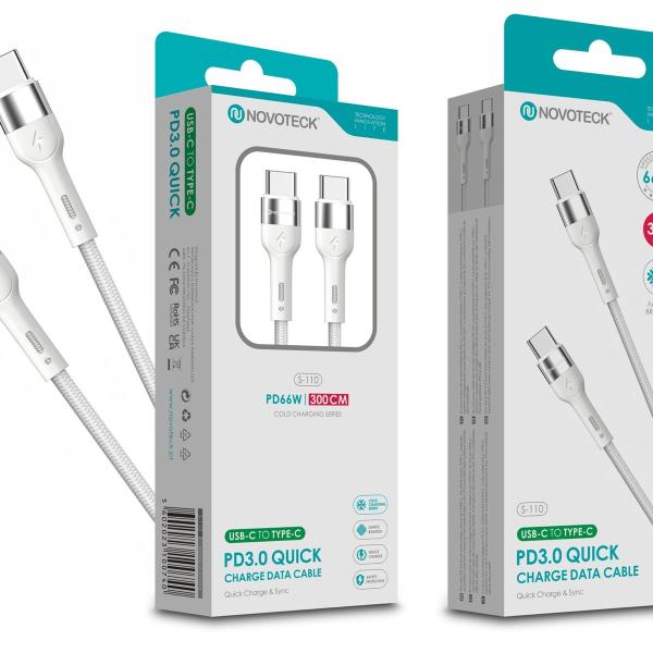 Cabo USB-C para USB-C NOVOTECK S-110 - PD 3.0 Quick Charge,66W,300cm,Branco,Trançado em Nylon