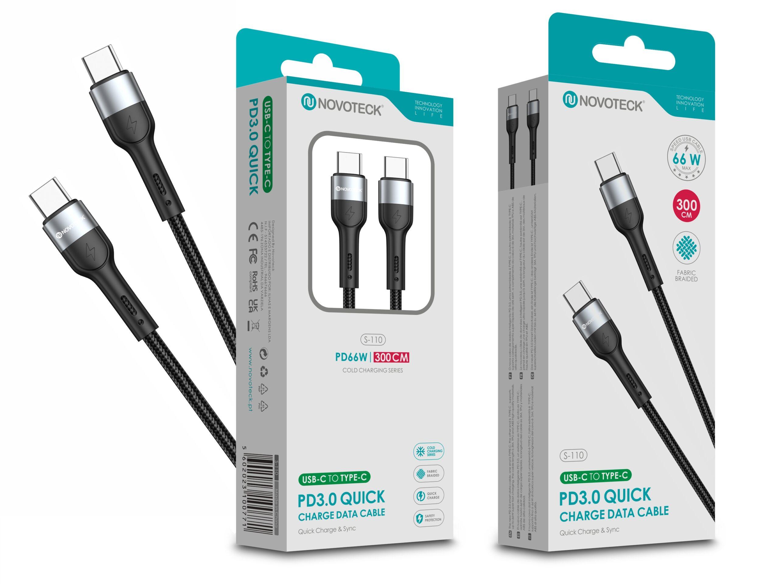 Cabo de Dados Trançado Nylon 3.1A Carregamento Rápido - Negro, USB - C to Type - C, 3.0M