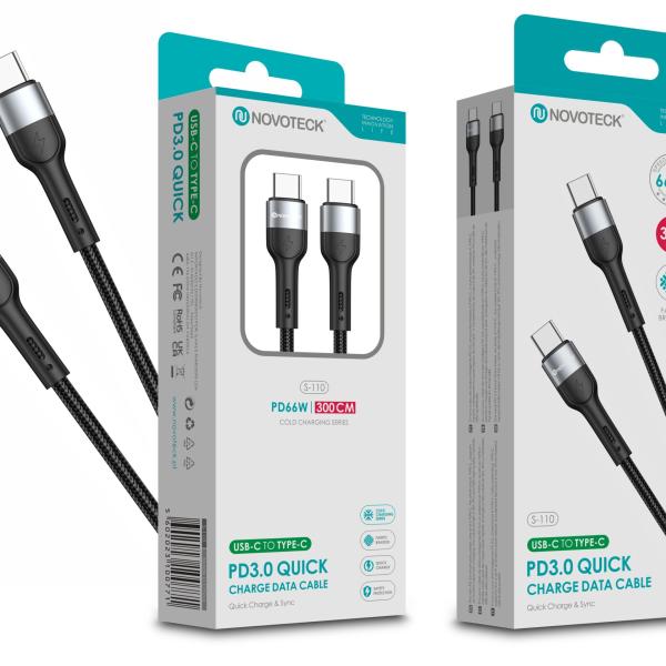 Cabo de Dados Trançado Nylon 3.1A Carregamento Rápido - Negro, USB - C to Type - C, 3.0M