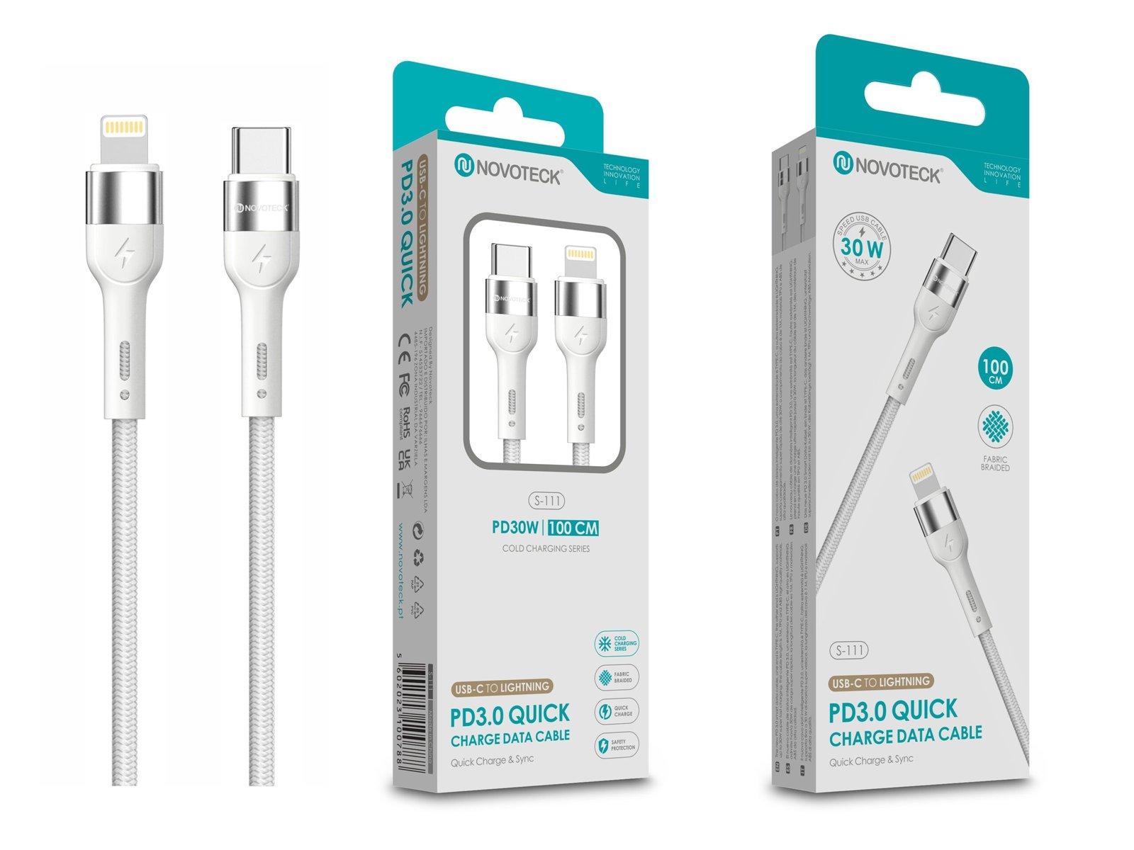 Cabo USB-C para Lightning NOVOTECK S-111 - PD 3.0, 30W, Branco,100cm,Trançado em Nylon