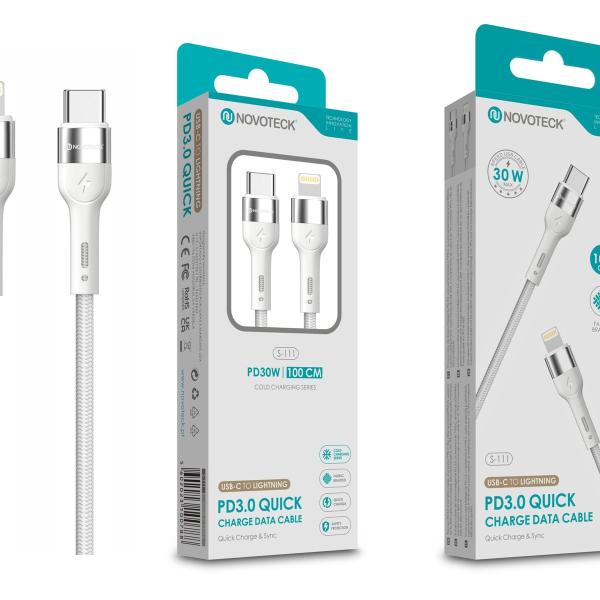Cabo USB-C para Lightning NOVOTECK S-111 - PD 3.0, 30W, Branco,100cm,Trançado em Nylon
