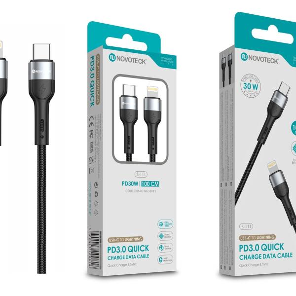Cabo USB-C para Lightning NOVOTECK S-111 - PD 3.0, 30W, Negro,100cm,Trançado em Nylon