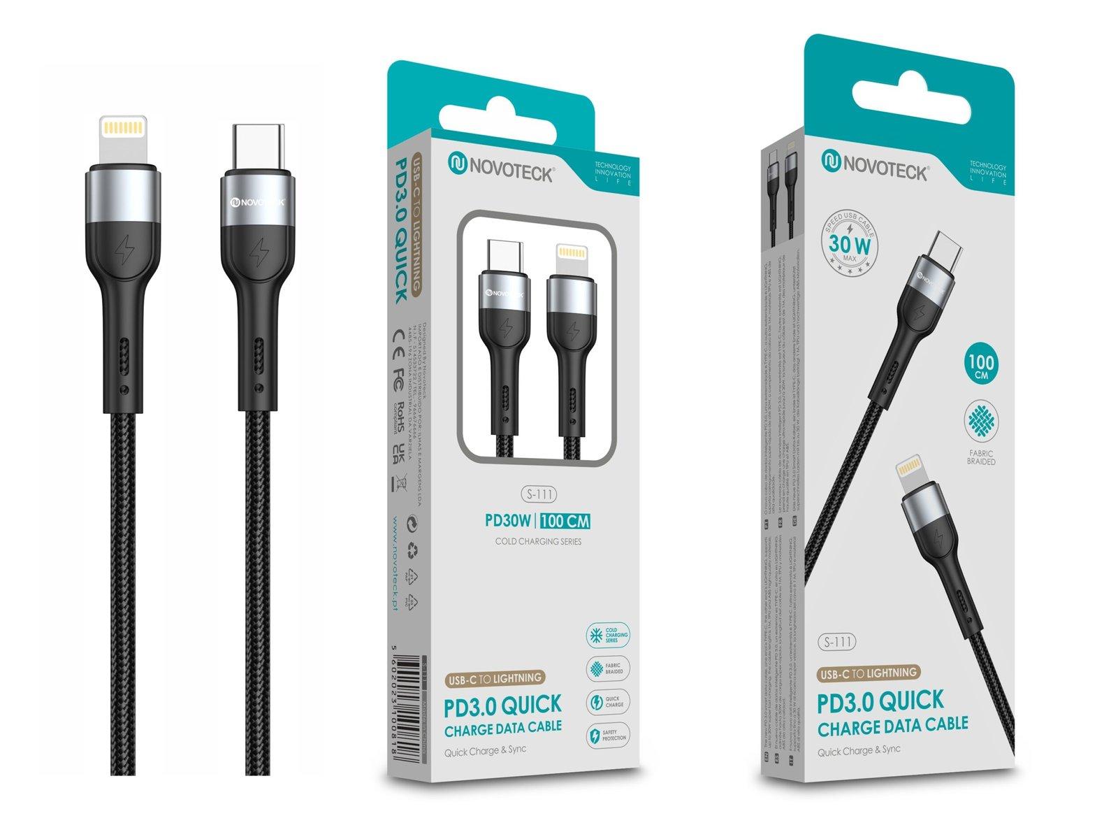Cabo USB-C para Lightning NOVOTECK S-111 - PD 3.0, 30W, Negro,100cm,Trançado em Nylon