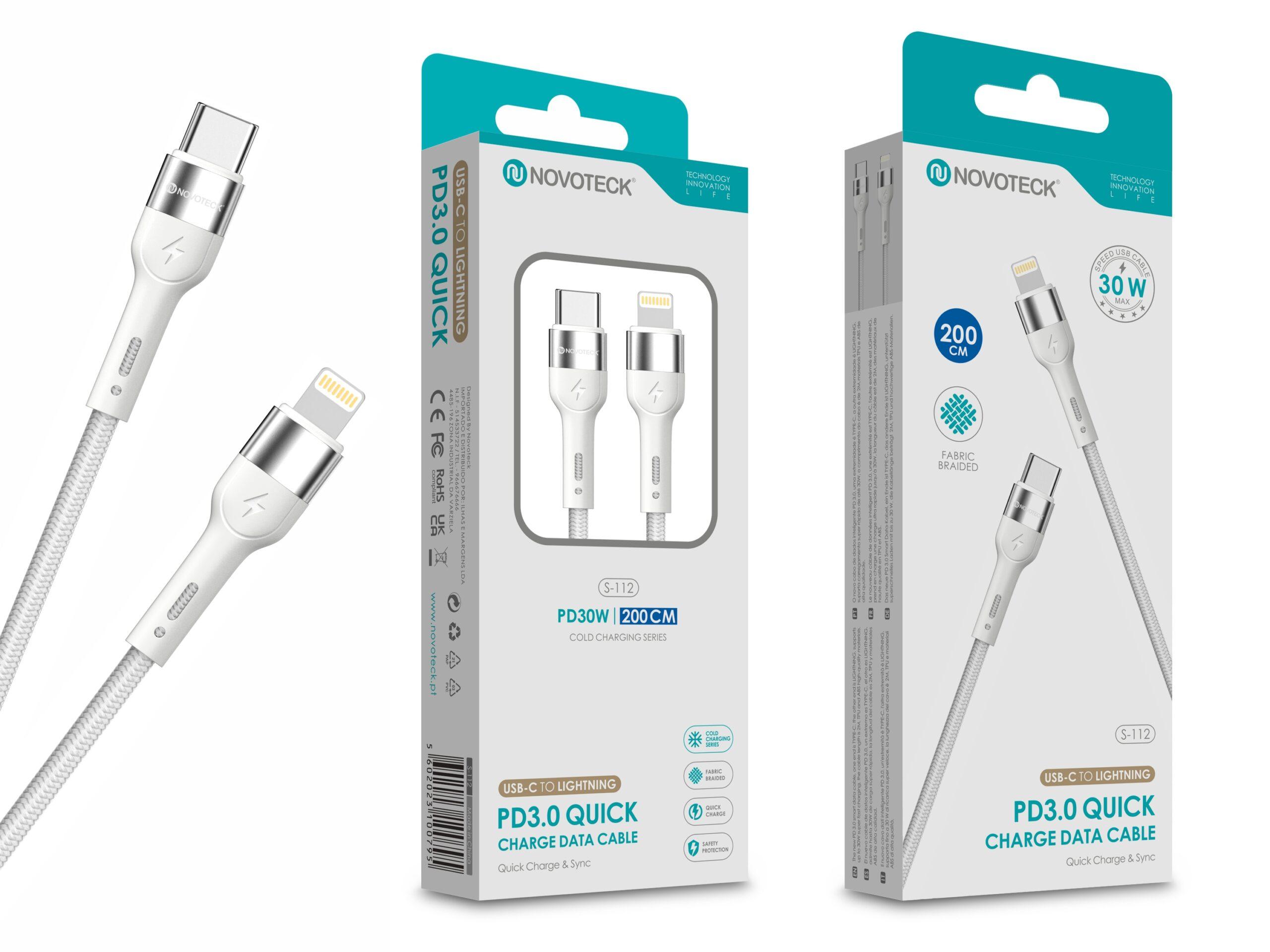 Cabo USB - C para Lightning NOVOTECK S - 112 - PD 3.0, 30W, Branco,200cm,Trançado em Nylon