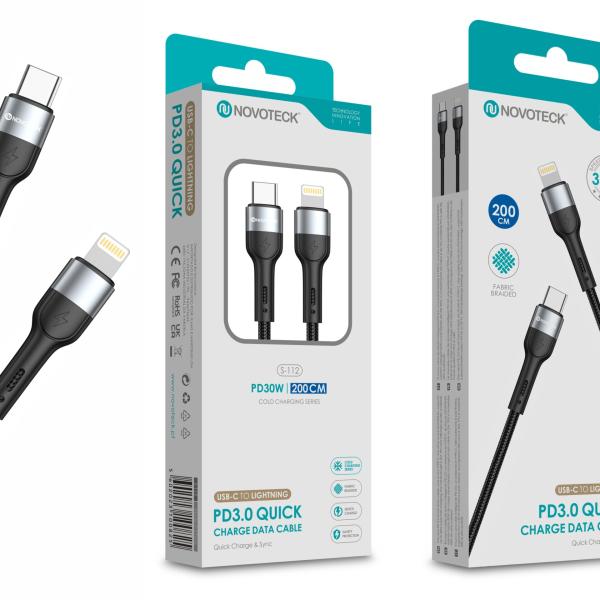 Cabo USB - C para Lightning NOVOTECK S - 112 - PD 3.0, 30W, Negro,200cm,Trançado em Nylon