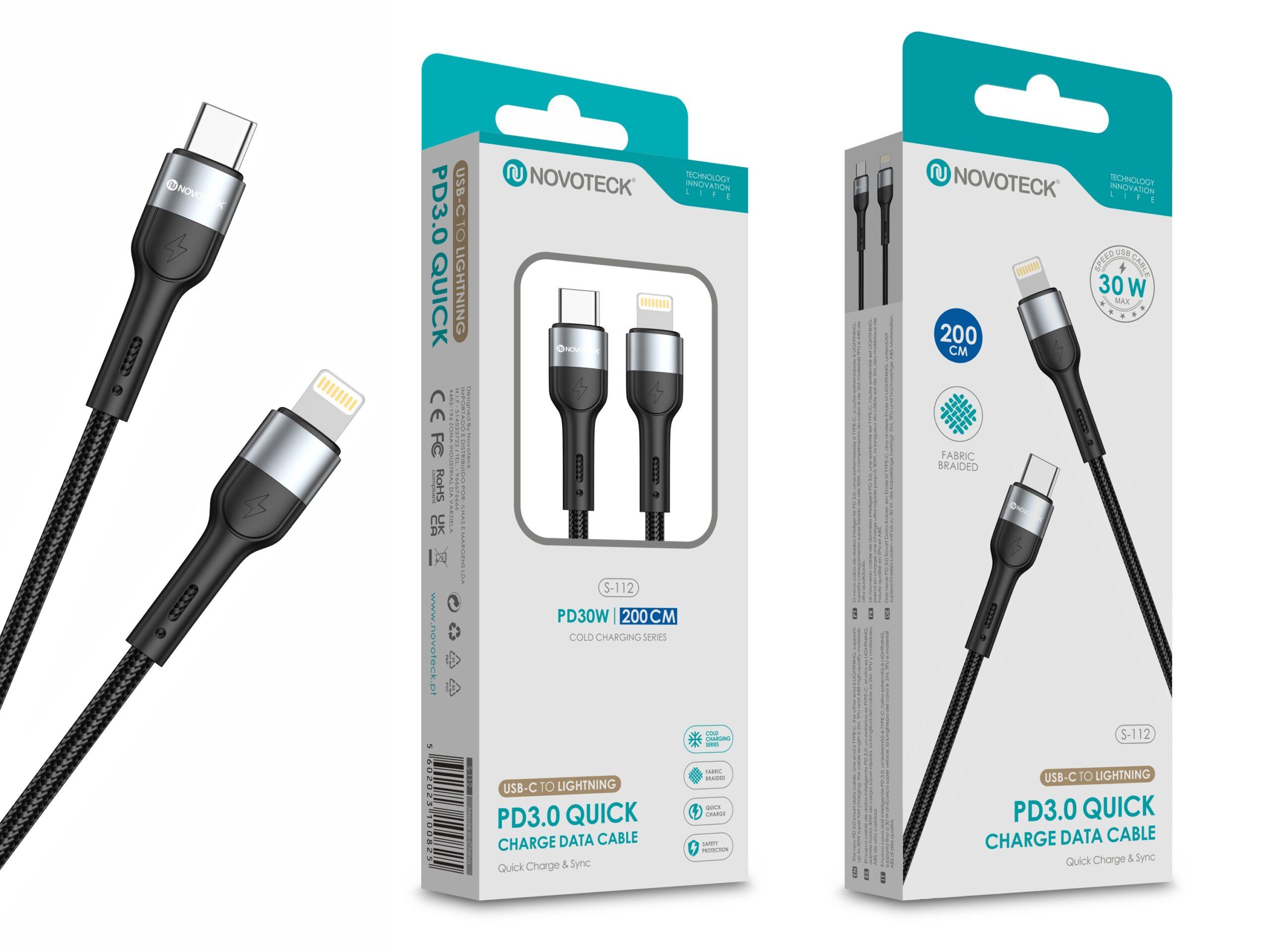 Cabo USB - C para Lightning NOVOTECK S - 112 - PD 3.0, 30W, Negro,200cm,Trançado em Nylon
