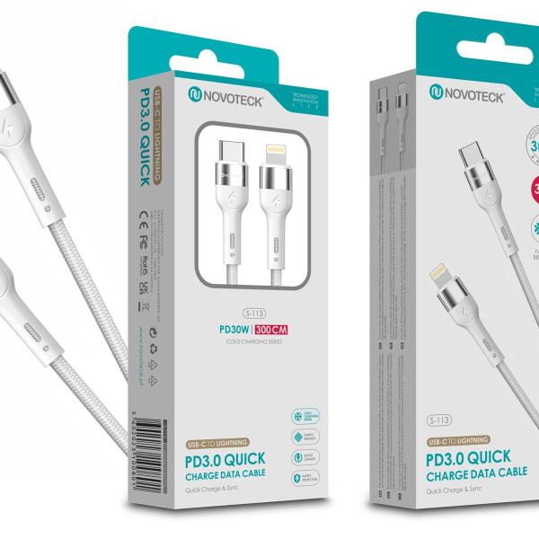 Cabo USB-C para Lightning NOVOTECK S-113 - PD 3.0, 30W, Branco,300cm,Trançado em Nylon