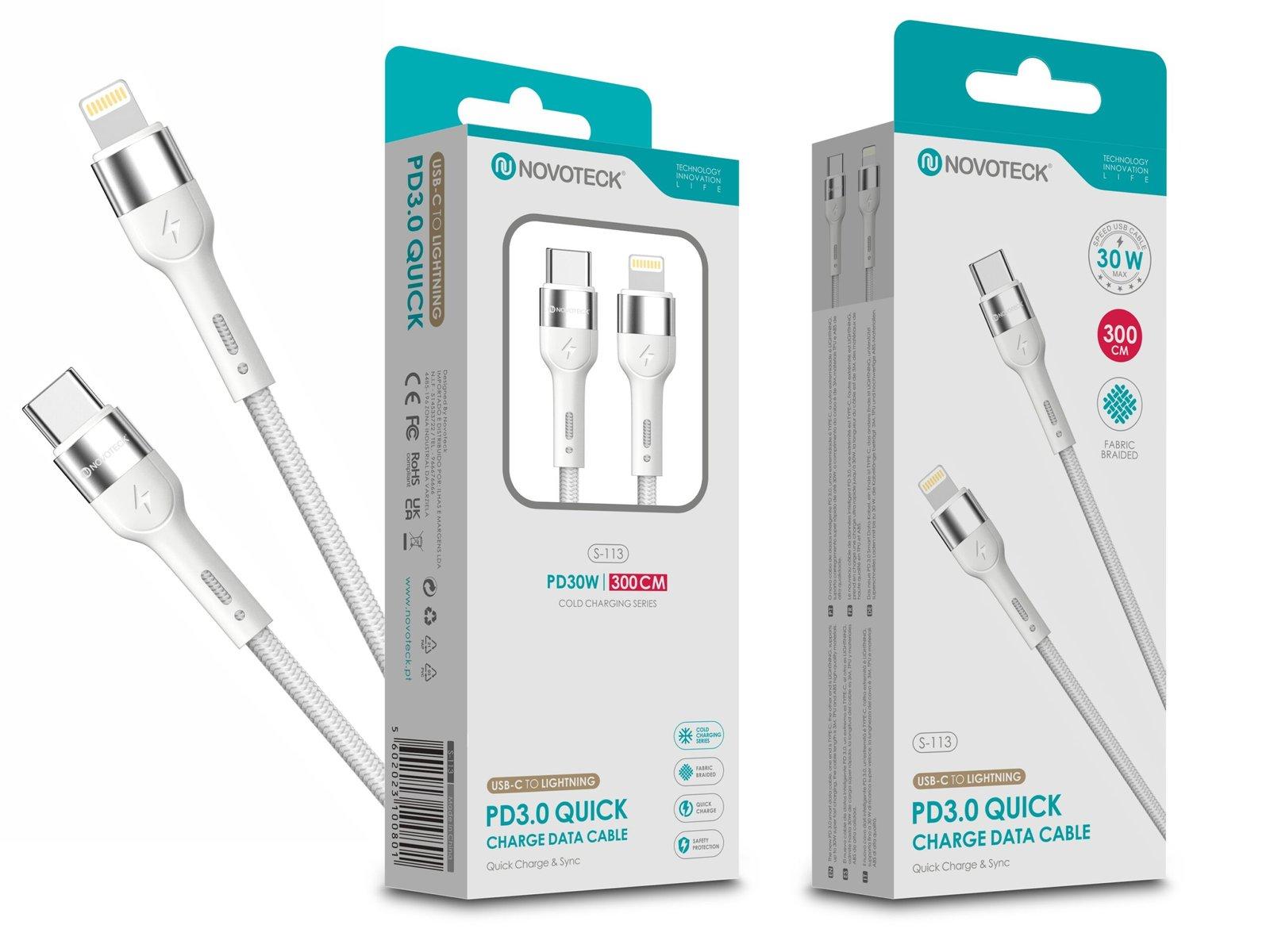 Cabo USB-C para Lightning NOVOTECK S-113 - PD 3.0, 30W, Branco,300cm,Trançado em Nylon