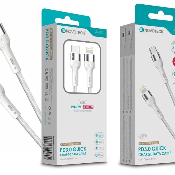 Cabo de Dados Trançado Nylon 3.1A Carregamento Rápido - Branco, USB - C to Lightinig, 3.0M