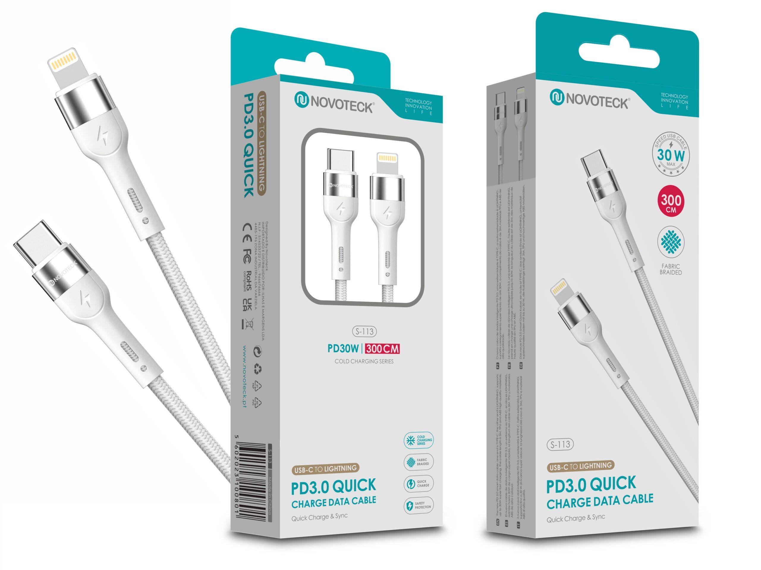 Cabo de Dados Trançado Nylon 3.1A Carregamento Rápido - Branco, USB - C to Lightinig, 3.0M