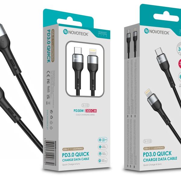 Cabo USB-C para Lightning NOVOTECK S-113 - PD 3.0, 30W, Negro,300cm,Trançado em Nylon