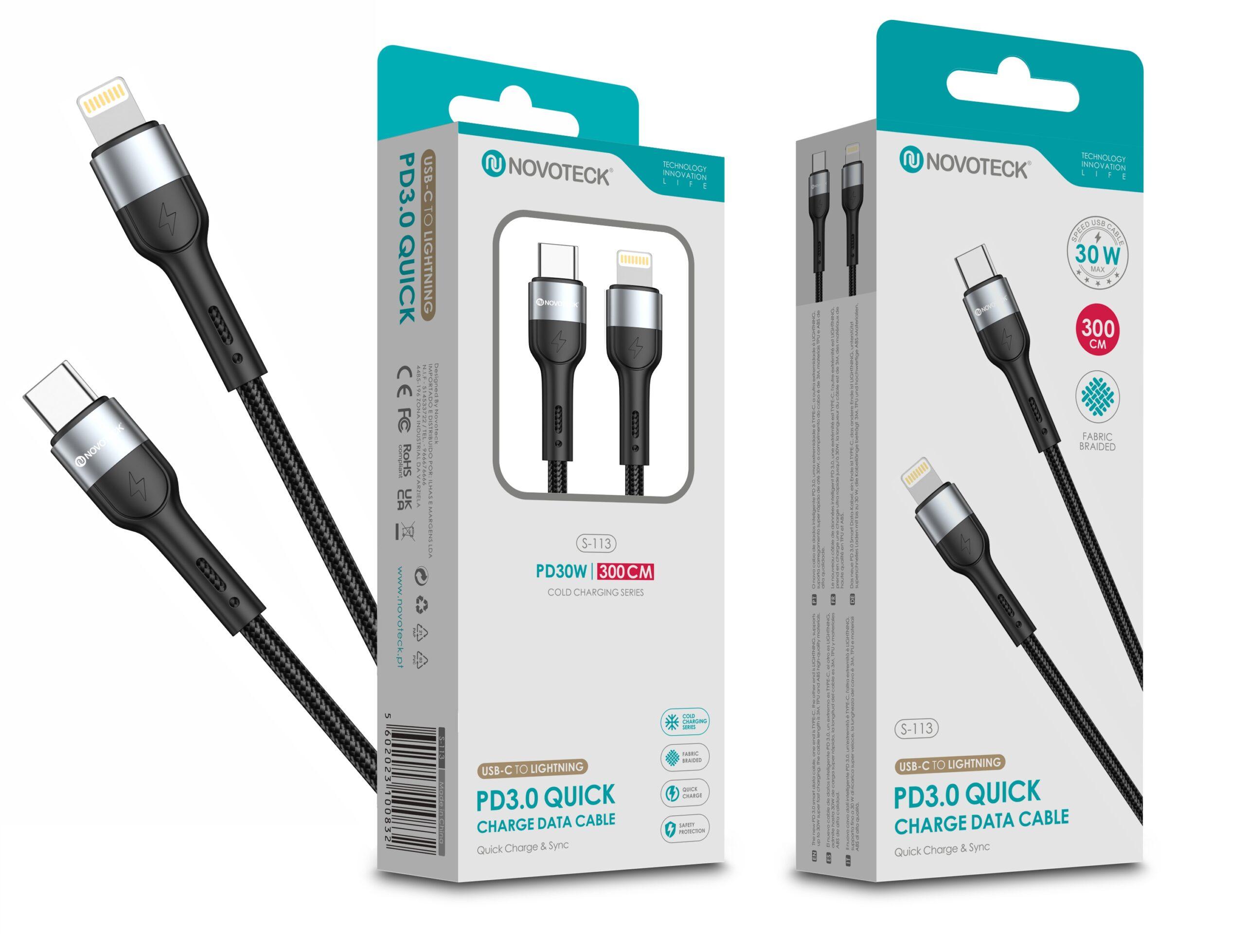 Cabo de Dados Trançado Nylon 3.1A Carregamento Rápido - Negro, USB - C to Lightinig, 3.0M