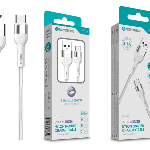 Cabo de Dados Trançado Nylon 3.1A Carregamento Rápido - Branco, Type - C USB, 1.0M