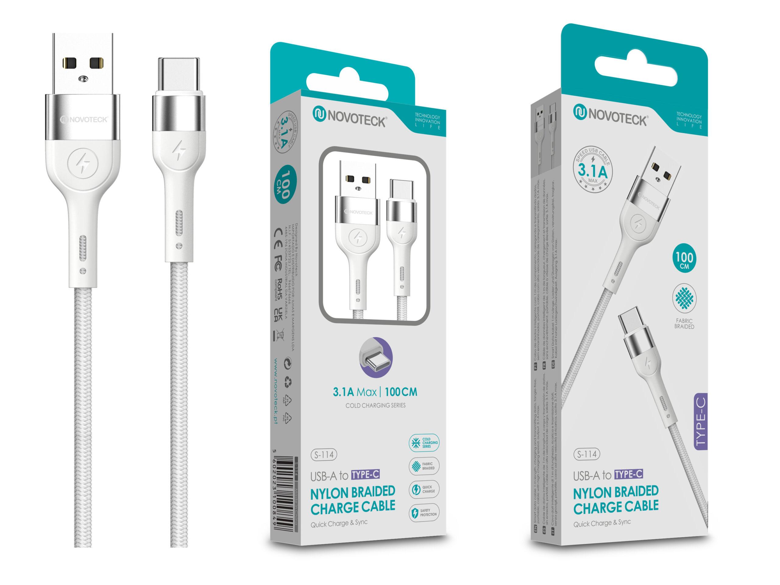 Cabo de Dados Trançado Nylon 3.1A Carregamento Rápido - Branco, Type - C USB, 1.0M