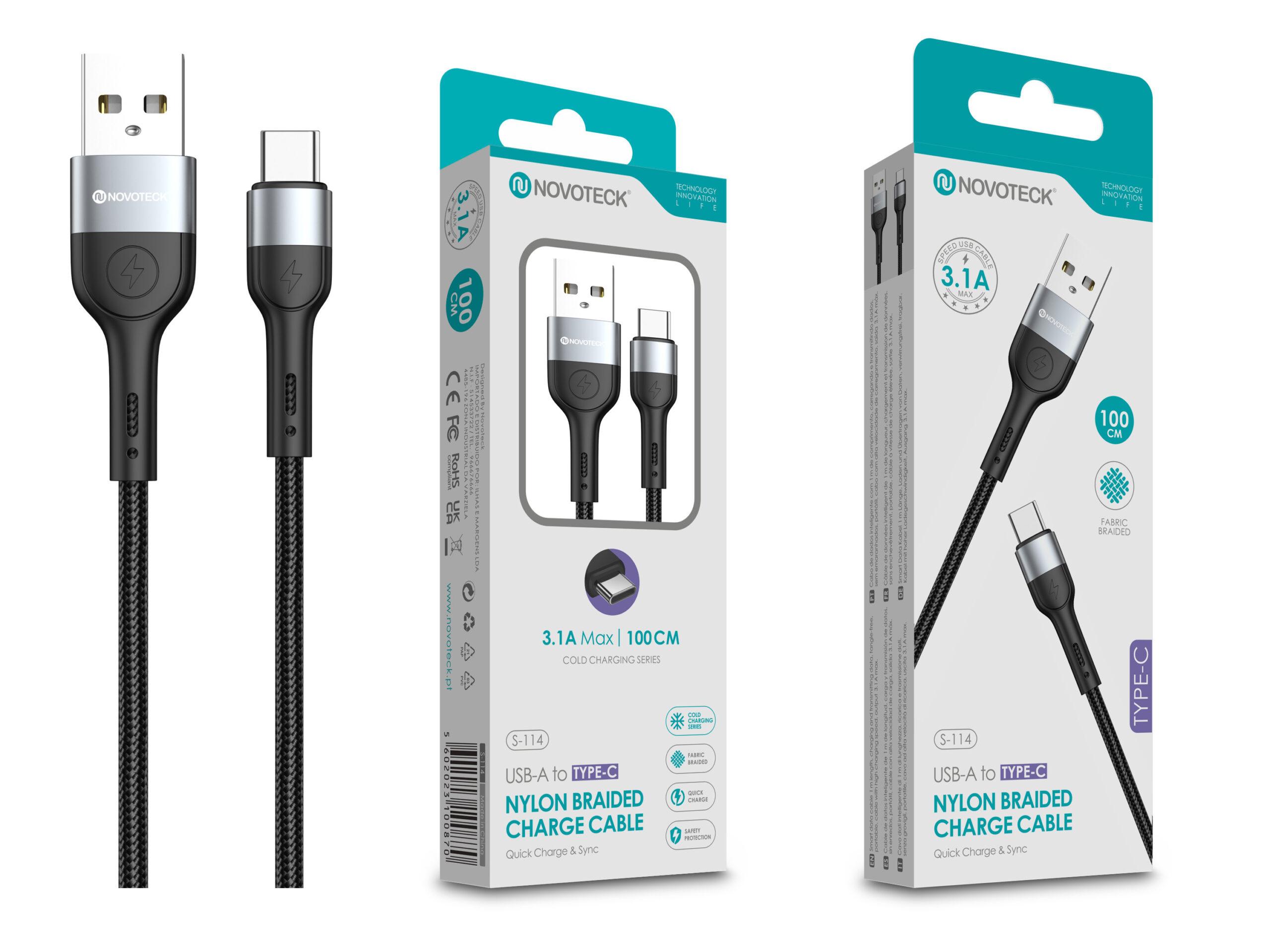 Cabo de Dados Trançado Nylon 3.1A Carregamento Rápido - Negro, Type - C USB, 1.0M