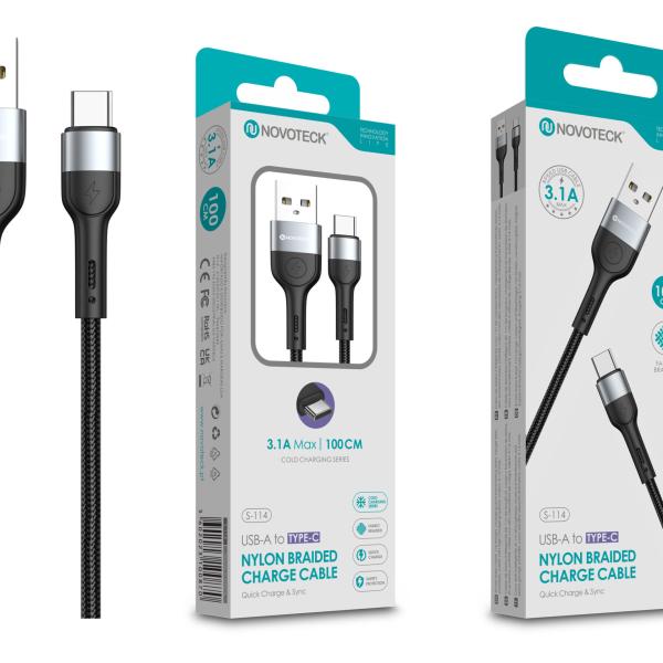 Cabo de Dados Trançado Nylon 3.1A Carregamento Rápido - Negro, Type - C USB, 1.0M
