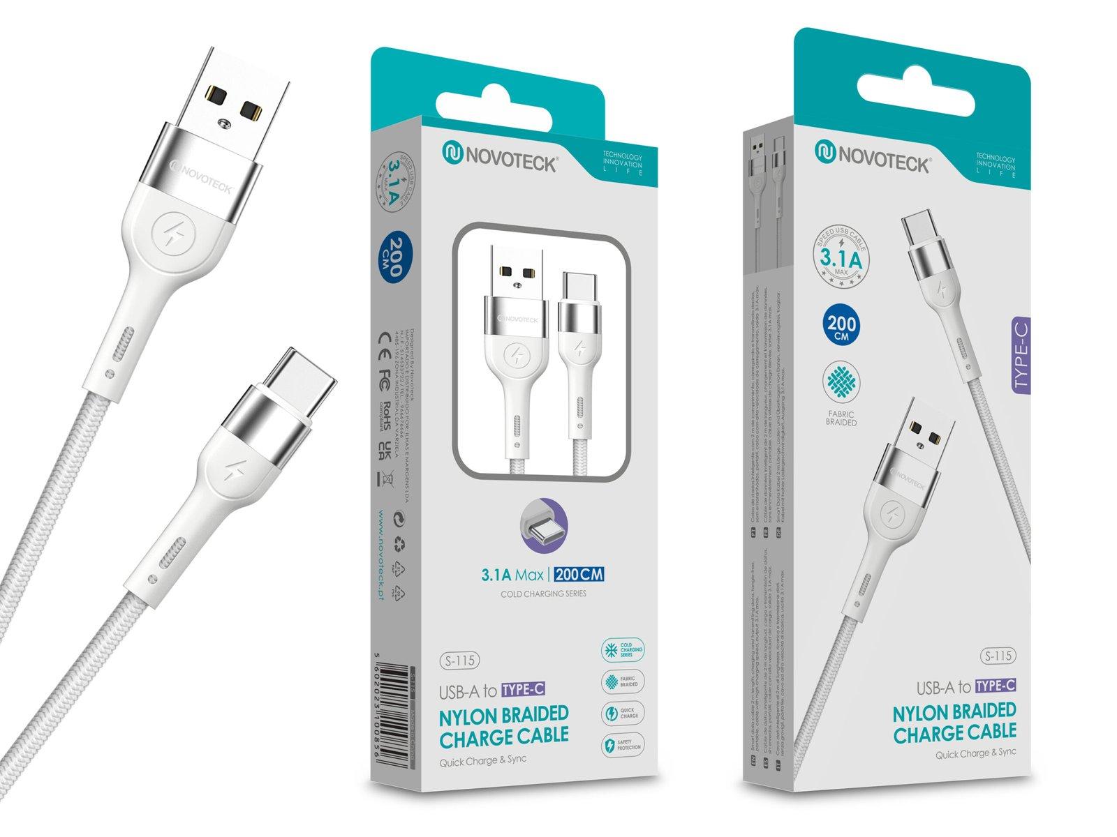 Cabo de Dados Trançado Nylon 3.1A Carregamento Rápido - Branco , Type-C USB , 2.0M