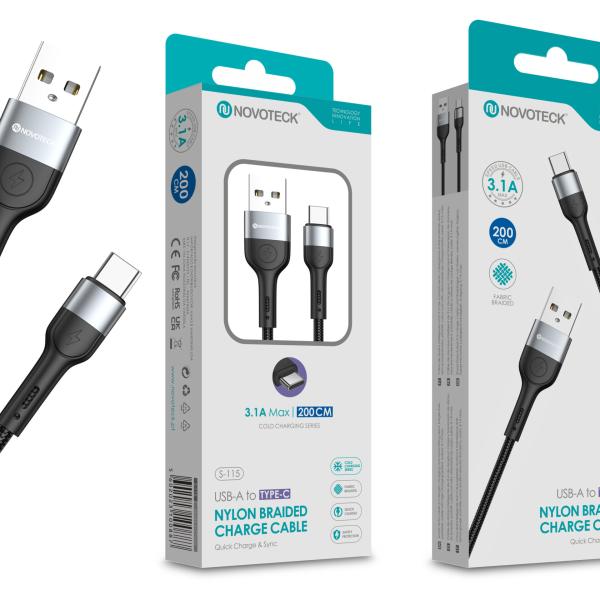 Cabo de Dados Trançado Nylon 3.1A Carregamento Rápido - Negro, Type - C USB, 2.0M