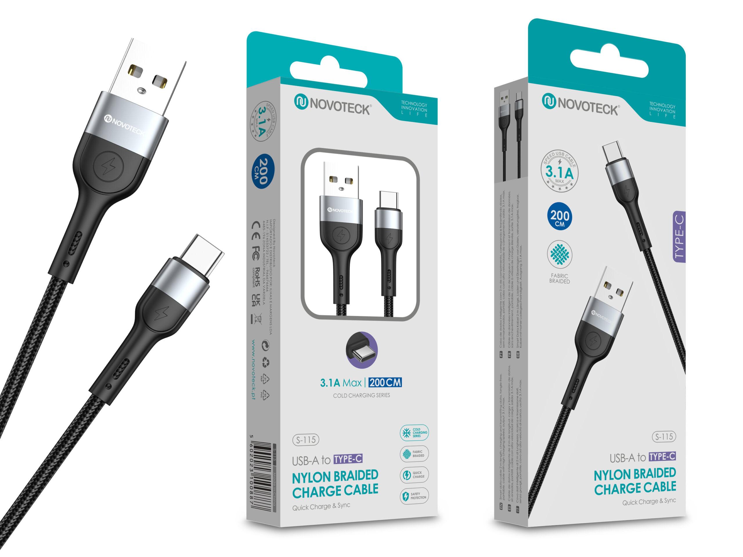 Cabo de Dados Trançado Nylon 3.1A Carregamento Rápido - Negro, Type - C USB, 2.0M