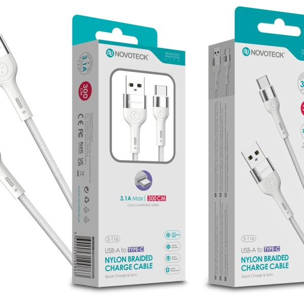 Cabo Type - C NOVOTECK S - 116 - Nylon Trançado, 3.1A, 300cm,Branco