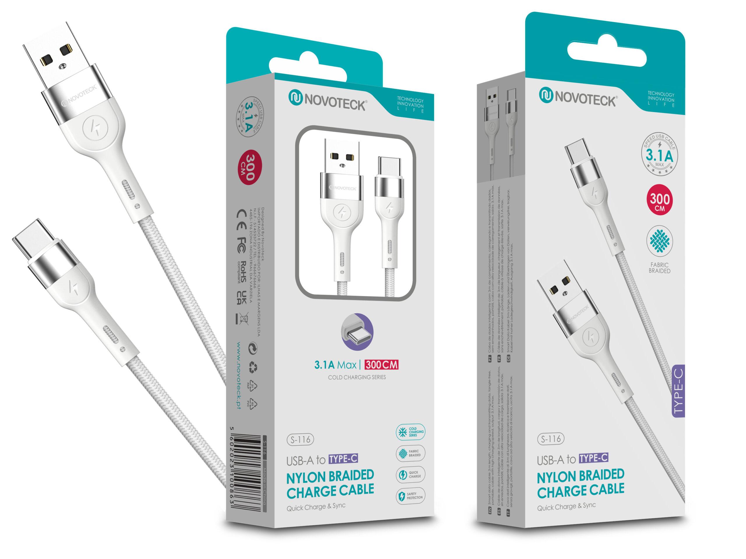 Cabo Type - C NOVOTECK S - 116 - Nylon Trançado, 3.1A, 300cm,Branco