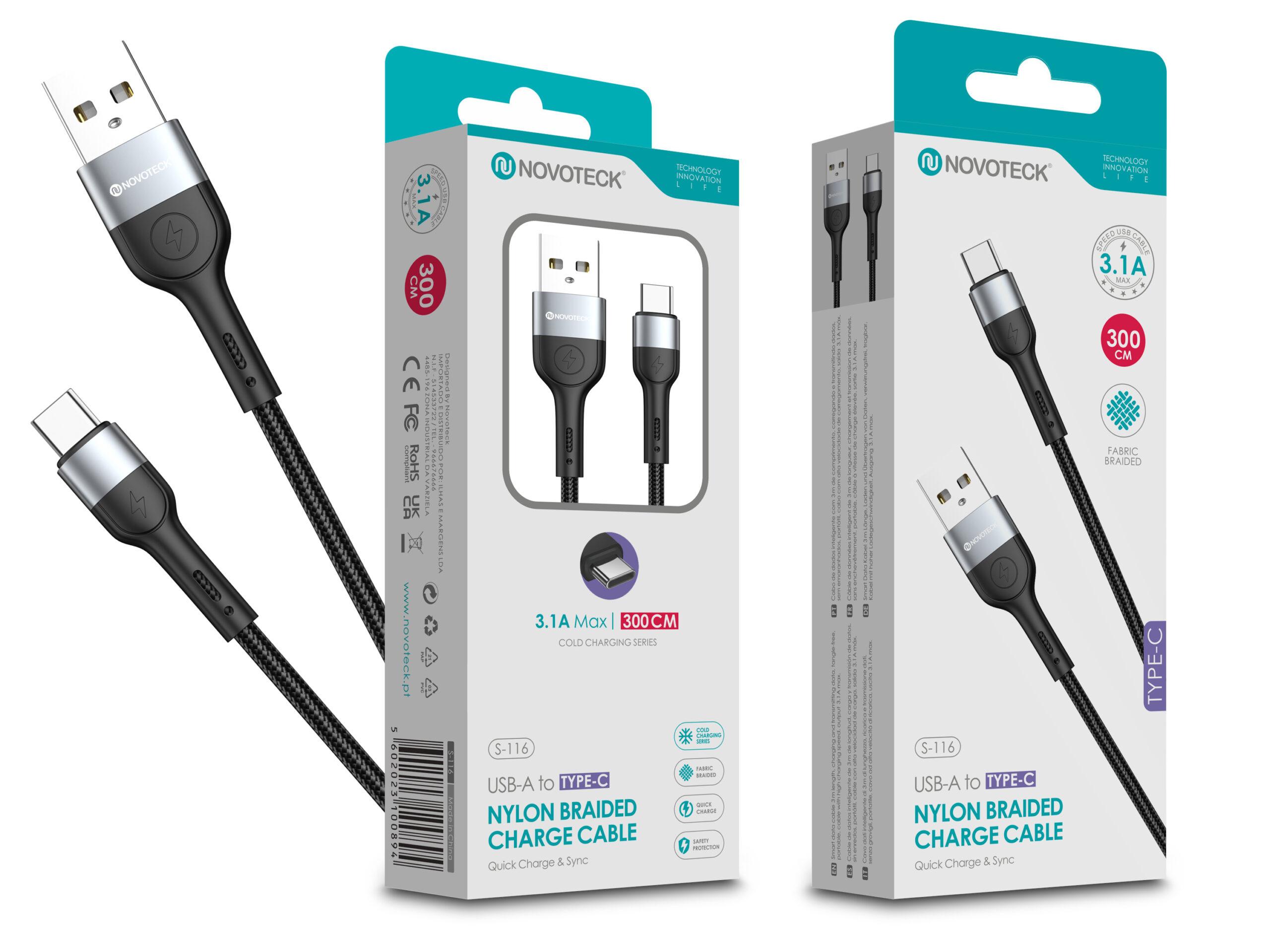 Cabo de Dados Trançado Nylon 3.1A Carregamento Rápido - Negro, Type - C USB, 3.0M