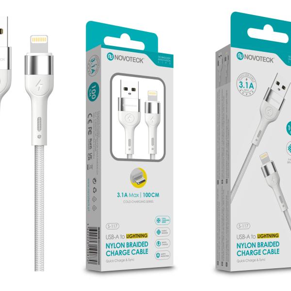 Cabo de Dados Trançado Nylon 3.1A Carregamento Rápido - Branco, Lightning USB, 1.0M
