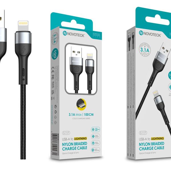 Cabo Lightning NOVOTECK S-117 - Nylon Trançado, 3.1A, 100cm,Negro