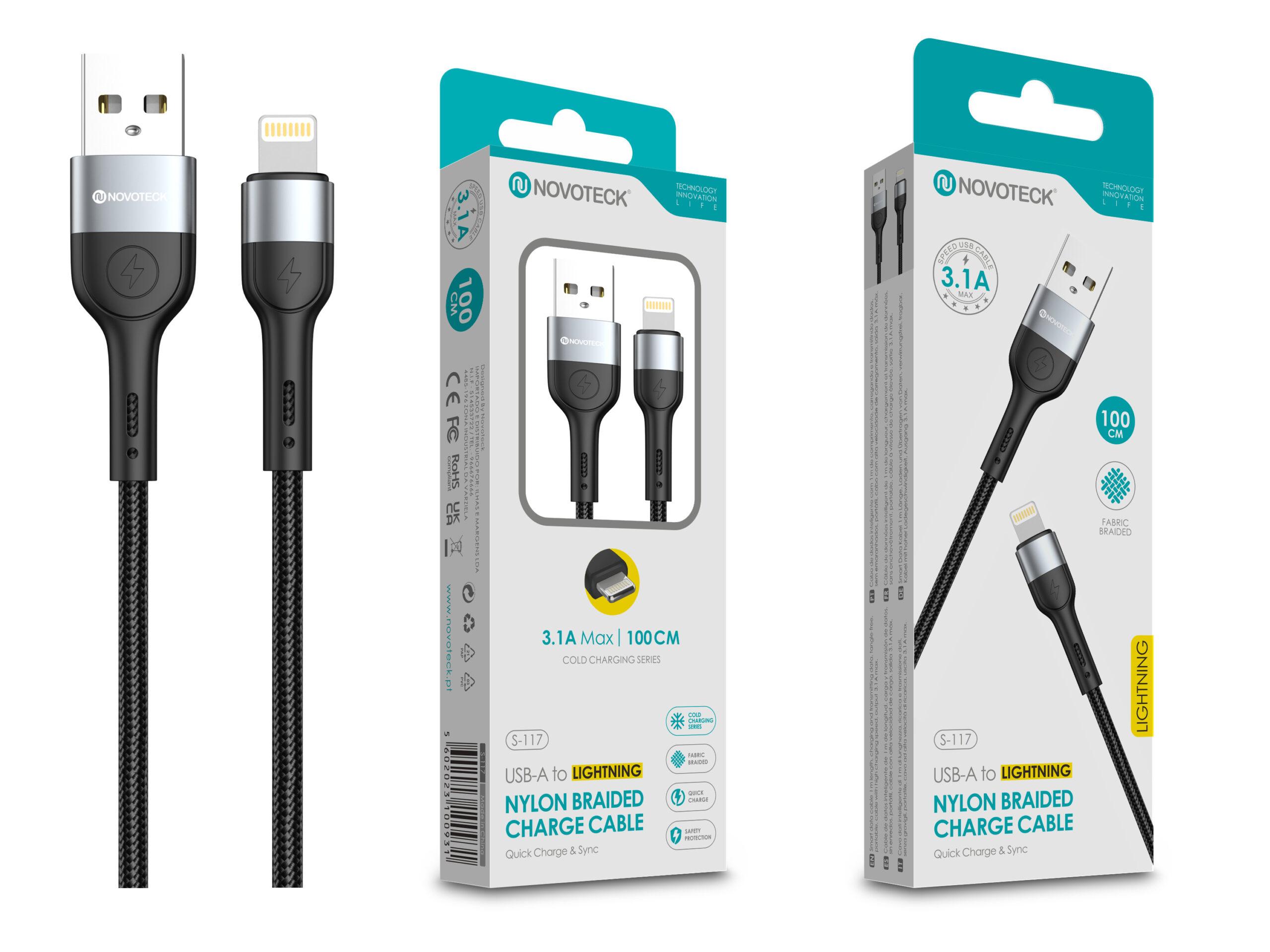 Cabo de Dados Trançado Nylon 3.1A Carregamento Rápido - Negro, Lightning USB, 1.0M