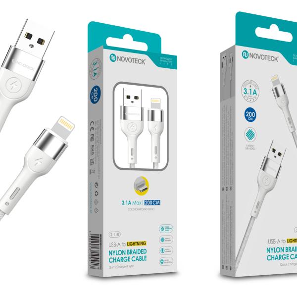 Cabo de Dados Trançado Nylon 3.1A Carregamento Rápido - Branco, Lightning USB, 2.0M