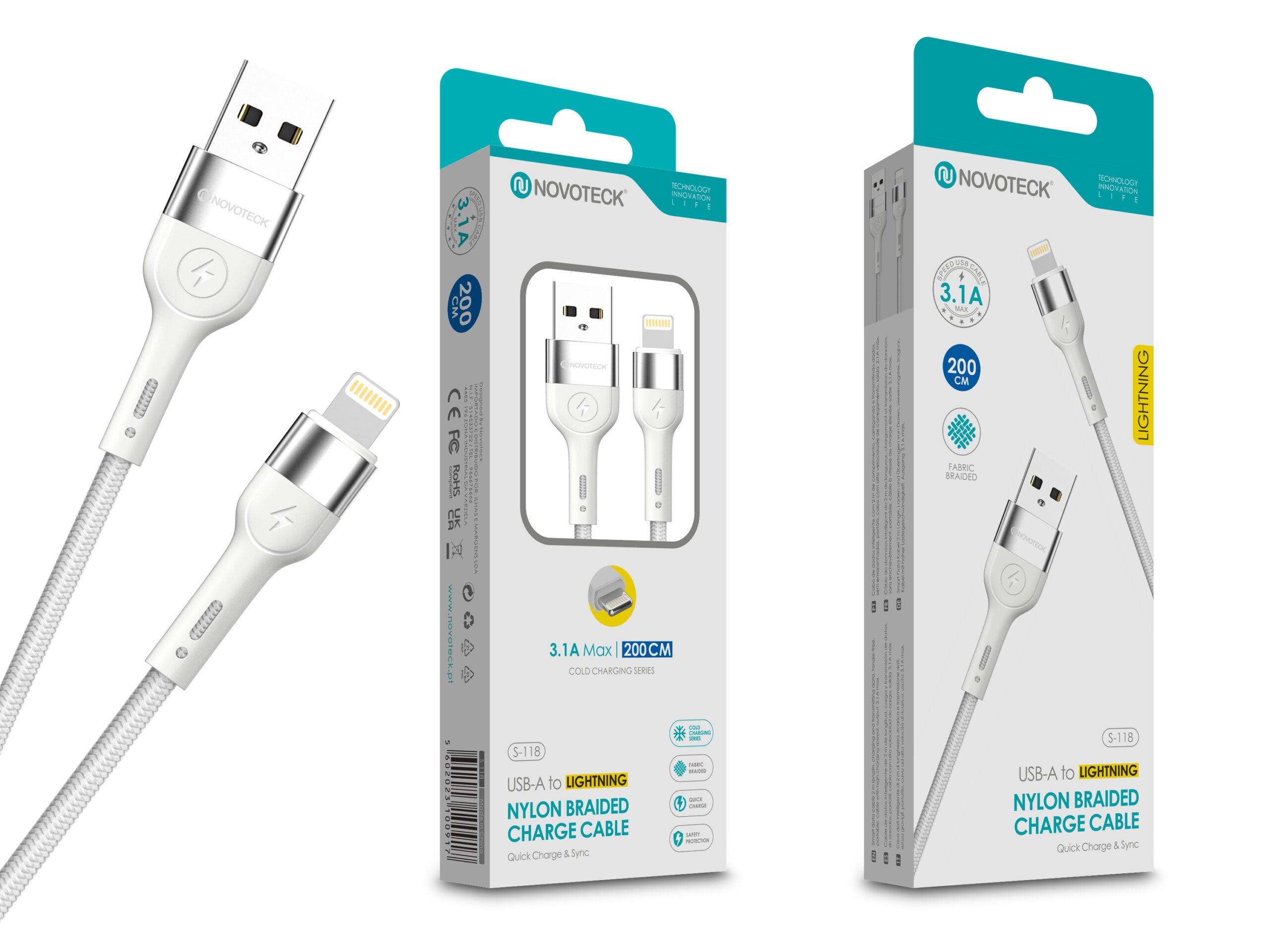 Cabo de Dados Trançado Nylon 3.1A Carregamento Rápido - Branco, Lightning USB, 2.0M