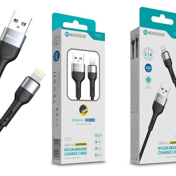 Cabo de Dados Trançado Nylon 3.1A Carregamento Rápido - Negro, Lightning USB, 2.0M