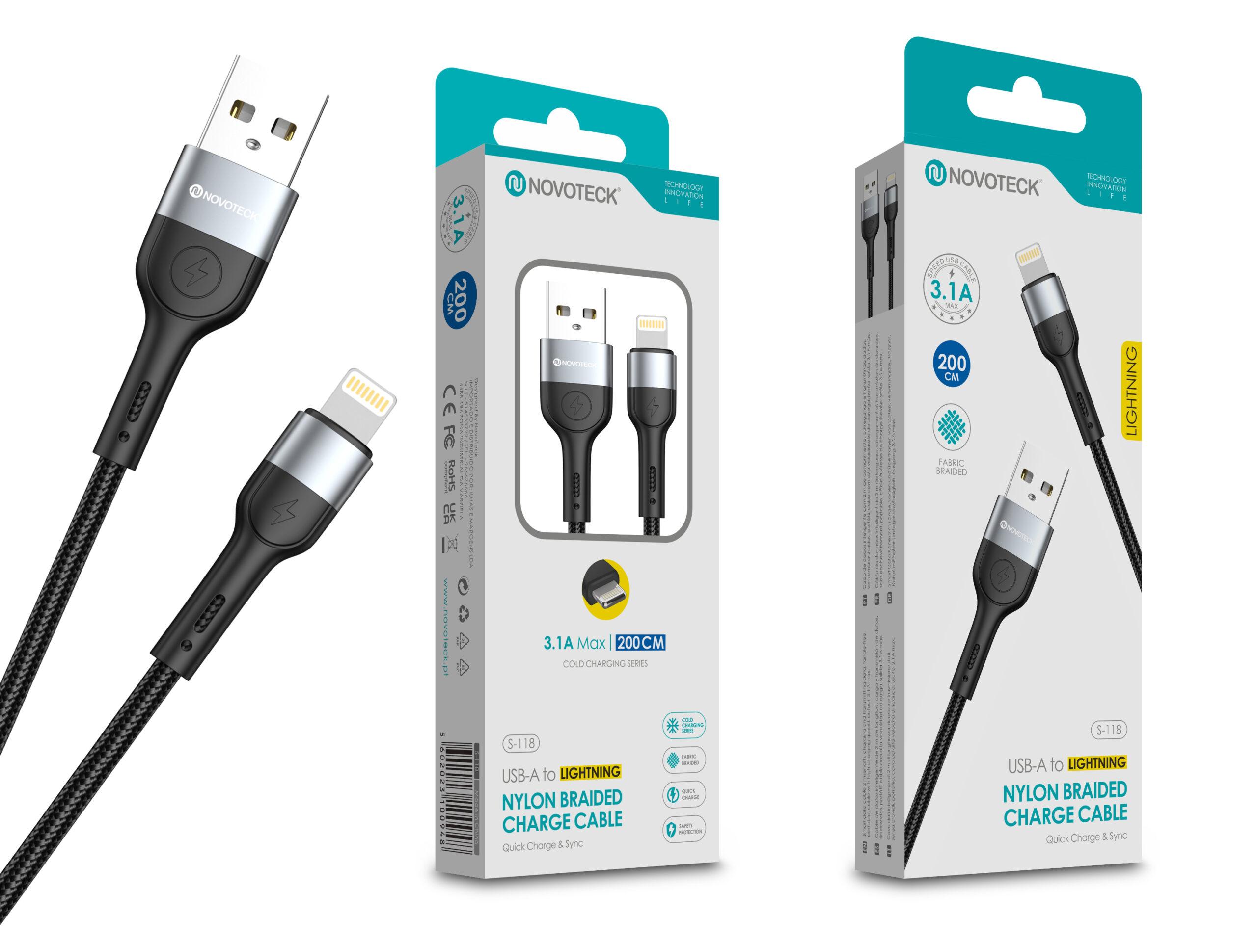 Cabo de Dados Trançado Nylon 3.1A Carregamento Rápido - Negro, Lightning USB, 2.0M