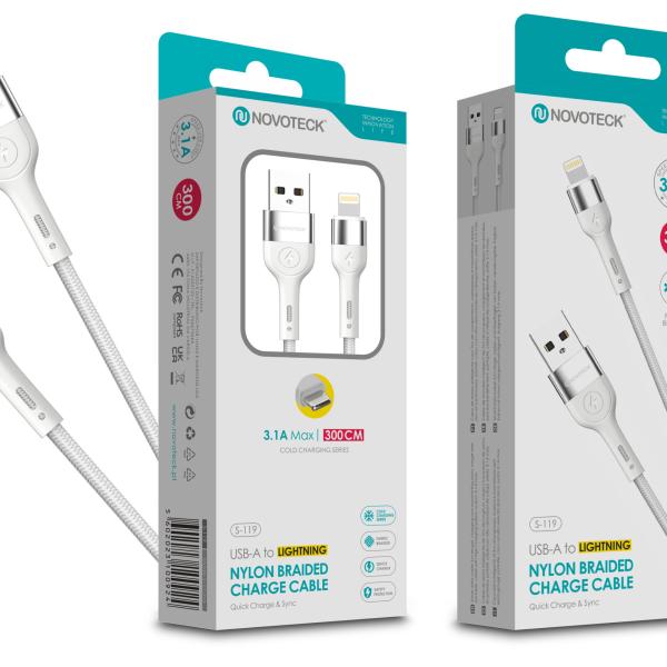 Cabo Lightning NOVOTECK S - 119 - Nylon Trançado, 3.1A, 300cm,Branco