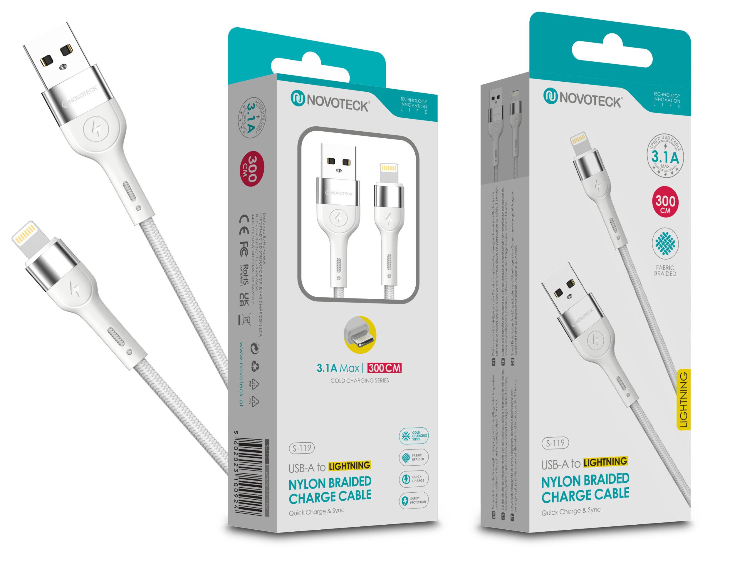 Cabo Lightning NOVOTECK S - 119 - Nylon Trançado, 3.1A, 300cm,Branco